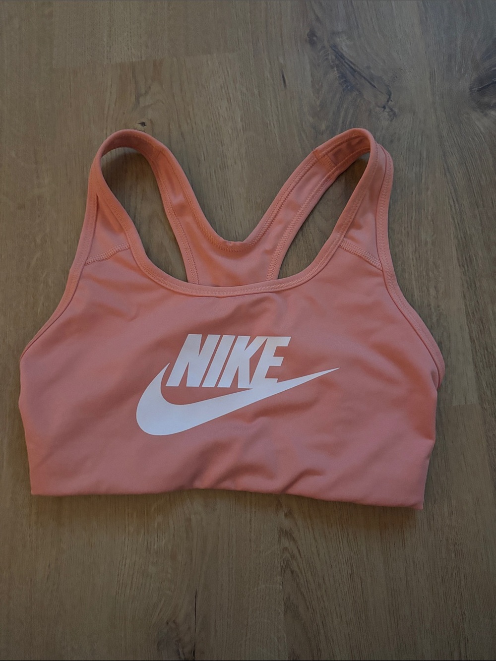 Nike Coral Pink Racerback Sports Bra with White Swoosh